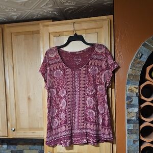 Lucky Brand Red Pink Cream Boho Floral Short Sleeve T-Shirt Tee Top Peasant